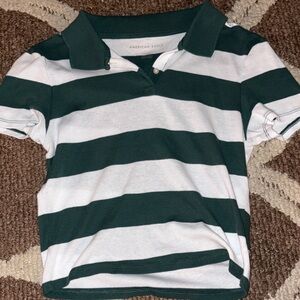 American Eagle Green and White Striped Cropped Polo